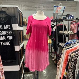 Umgee Fuchsia Boho Dress with Tie-Dye Pattern